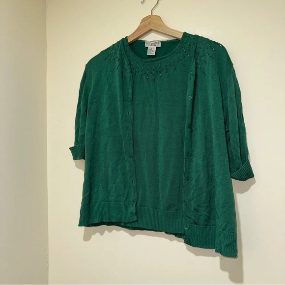 Women’s Vintage Dué Per Dué Brand Silk Green Beaded Tank Top Cardigan Size: XL - Picture 3 of 16